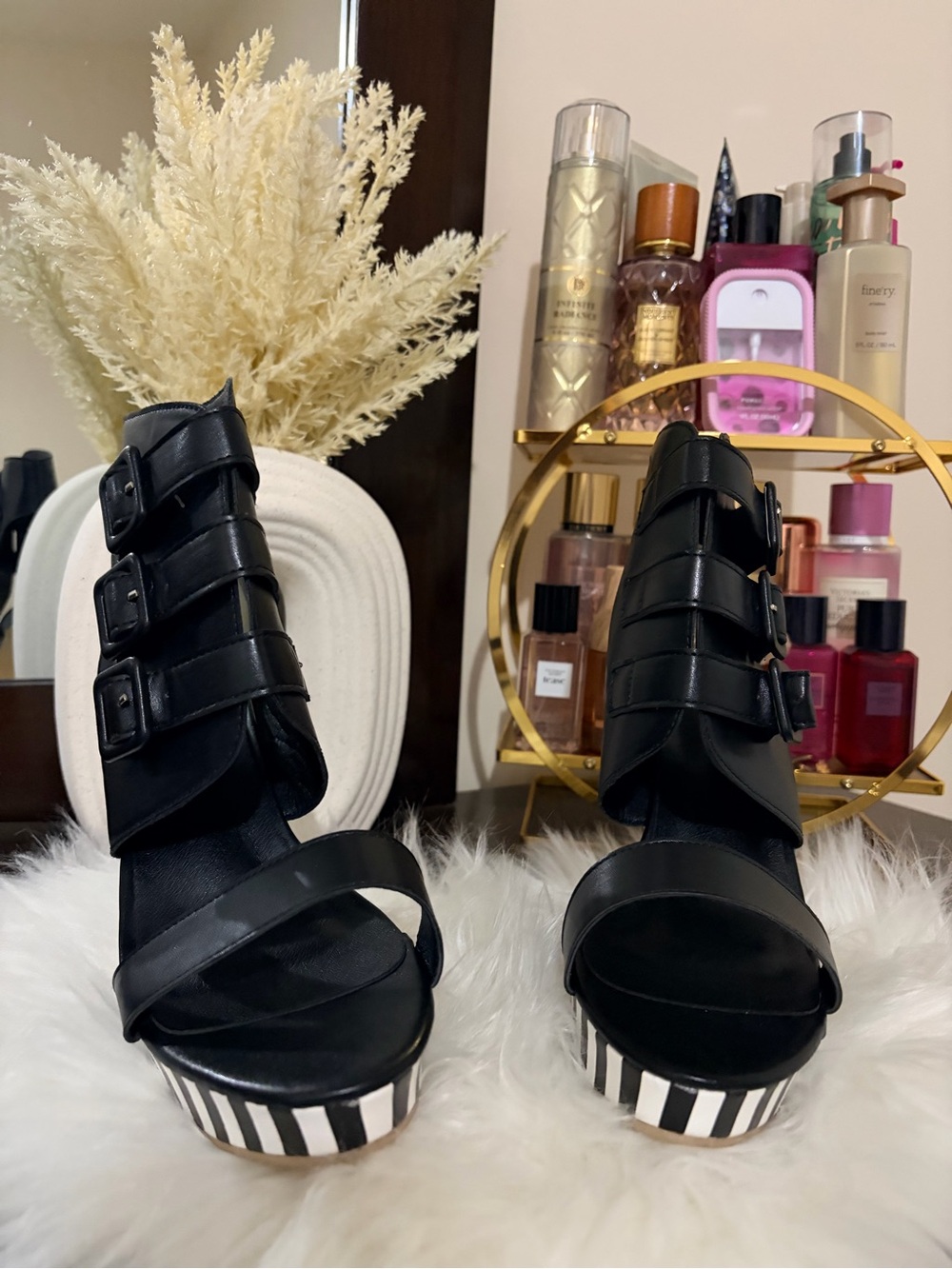 Black Strappy Platform Heel Sandals - Women's